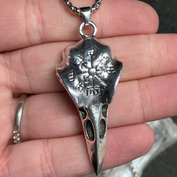 Viking Noridc Raven Skull With Vegvisir Compass Necklace Pendant - Picture 3 of 8
